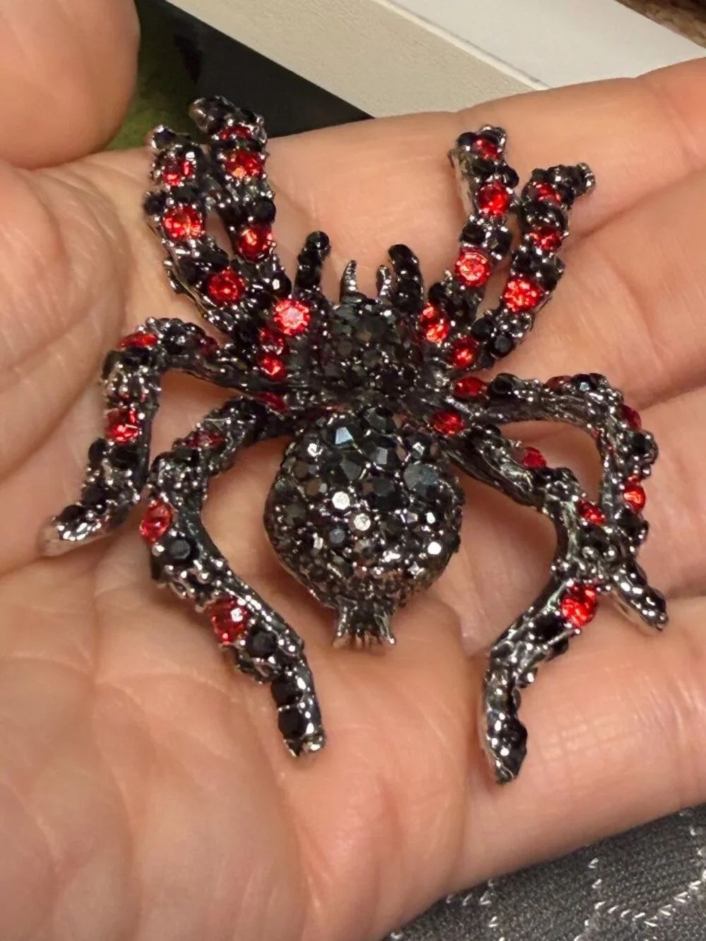 Spider Brooch Black Red Crystal 3D Rhinestone Statement Pin 2.75”